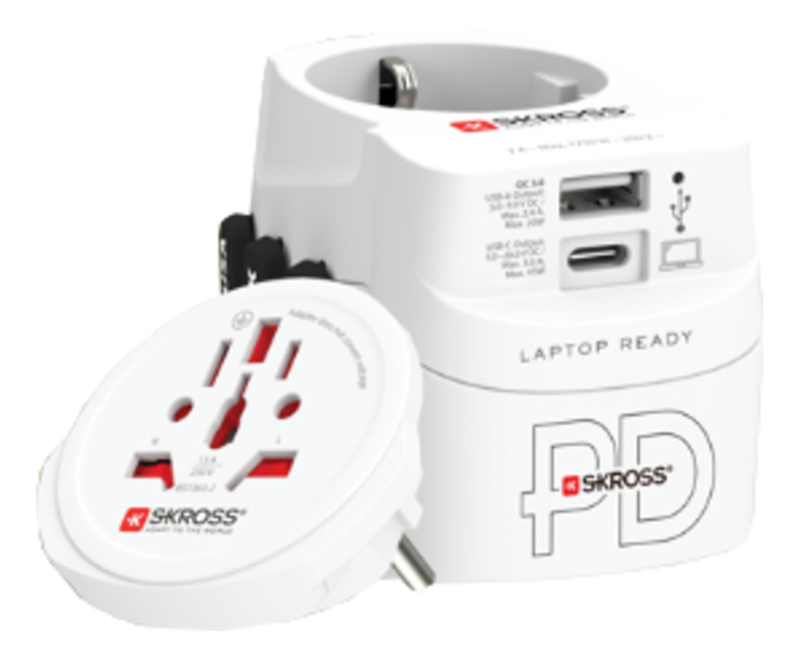 Un adattatore da viaggio bianco con porte USB e USB-C e una spina staccabile.