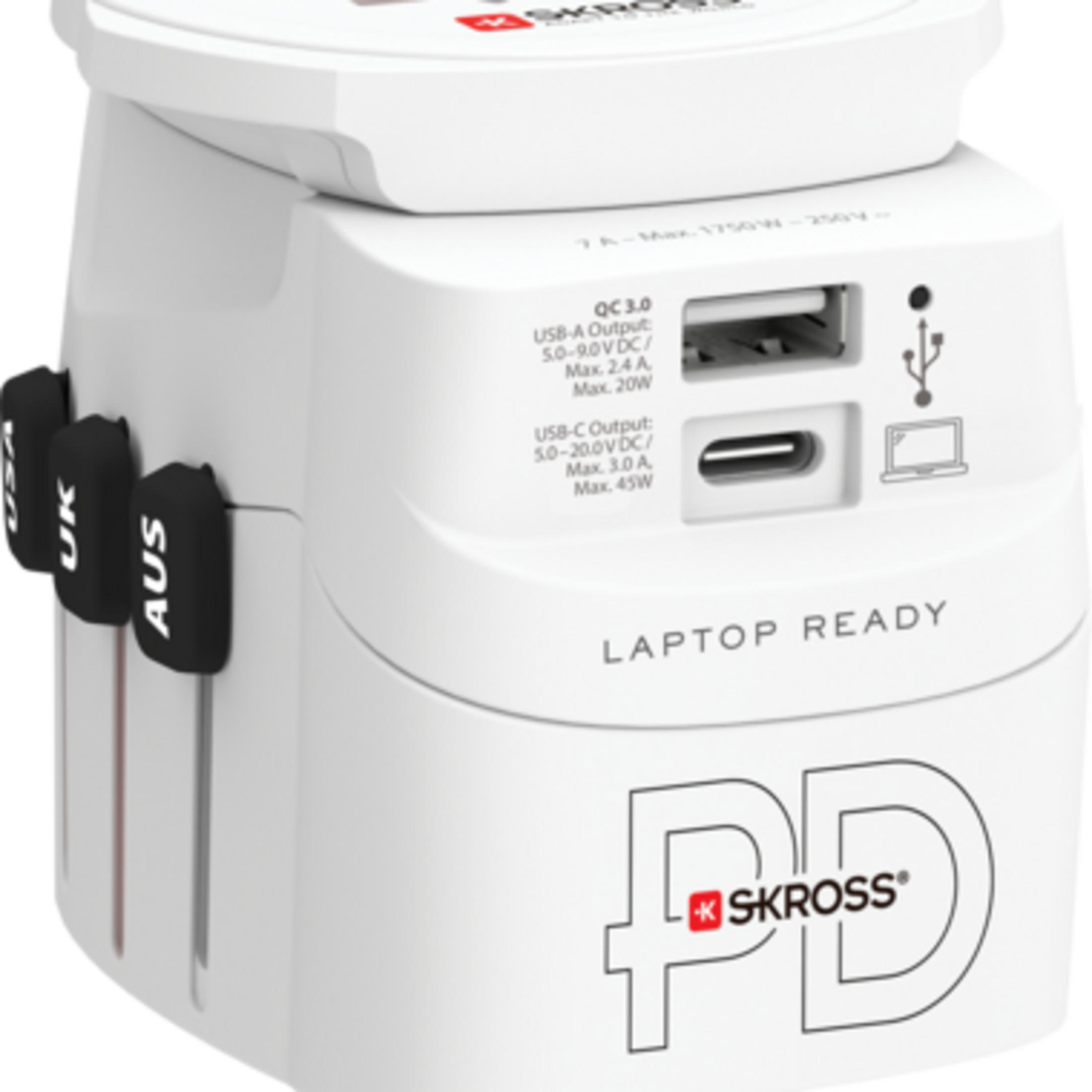 Un adattatore da viaggio bianco con porte USB-A/C e spine retrattili per USA, UK, AUS.