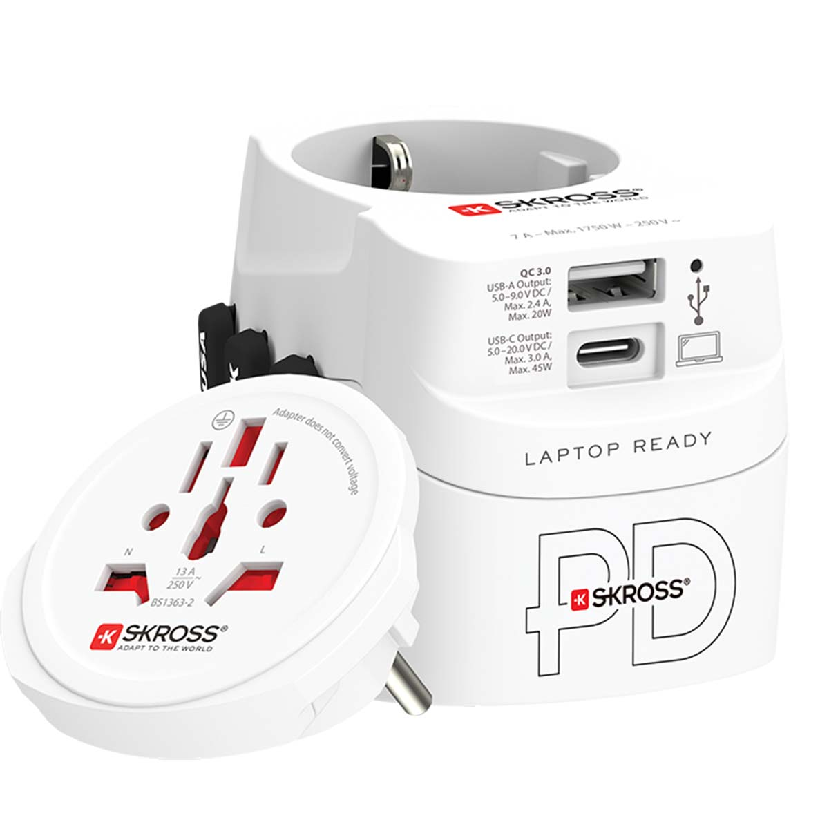 Adattatore da viaggio bianco con porte USB-A e USB-C, di SKROSS.
