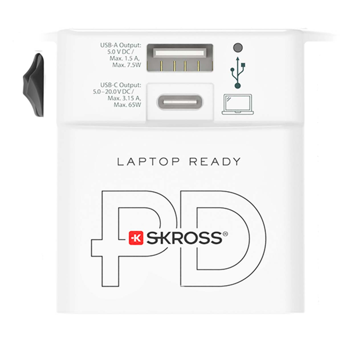 Ein weißes Ladegerät mit USB-A- und USB-C-Anschlüssen, SKROSS-Logo.