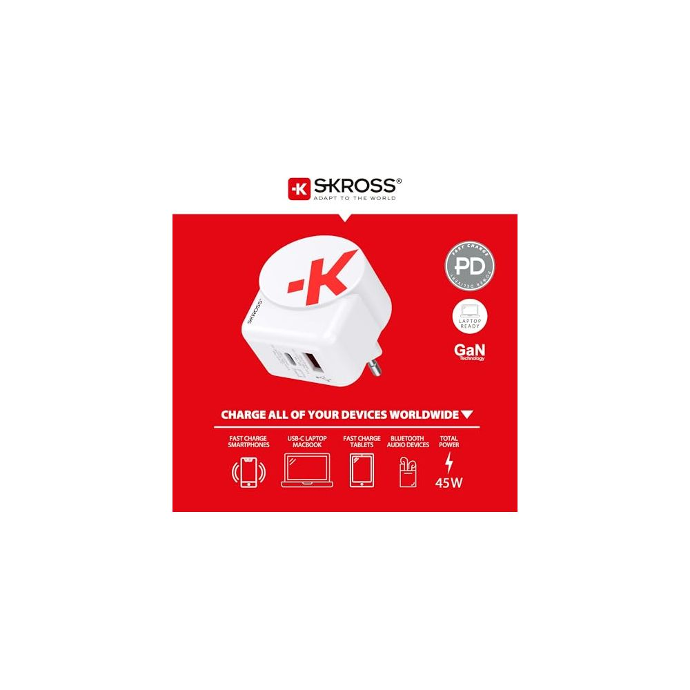 Caricatore SKROSS bianco con logo K rosso, tecnologia PD e GaN.