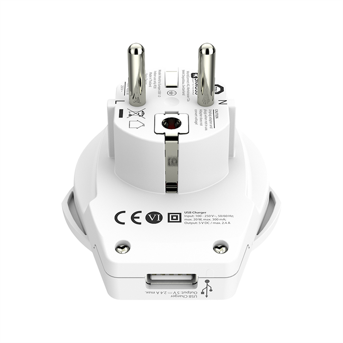 Adattatore da viaggio bianco con due pin metallici e una porta USB.