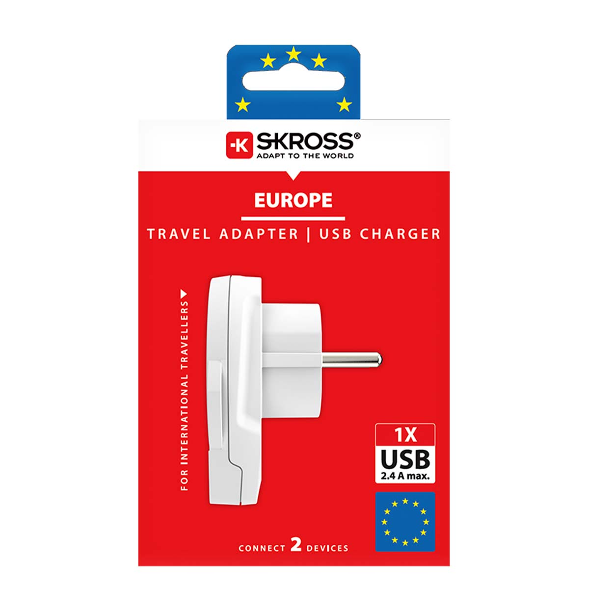 Un adattatore da viaggio bianco SKROSS con porta USB per l'Europa.