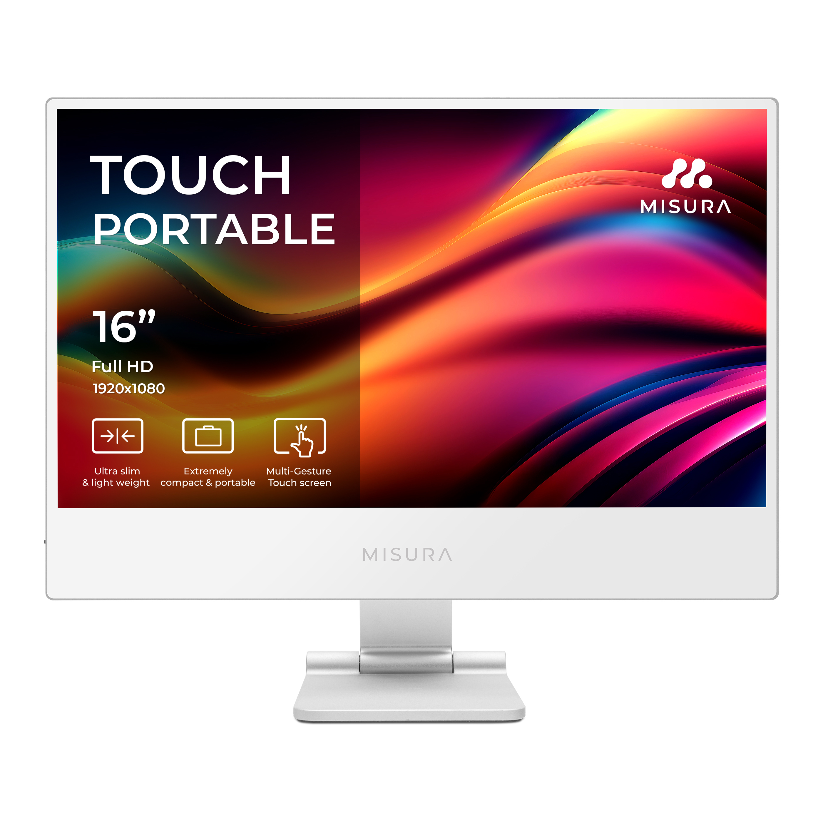 Biały, 16-calowy przenośny monitor dotykowy z kolorowym, abstrakcyjnym tłem.