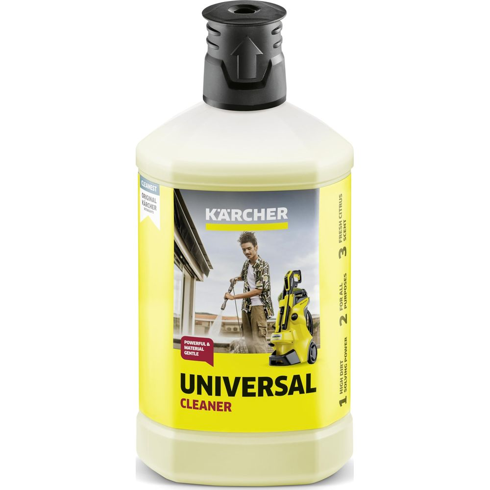Kärcher Universal Reiniger Flasche mit Bild eines Mannes und Hochdruckreiniger.