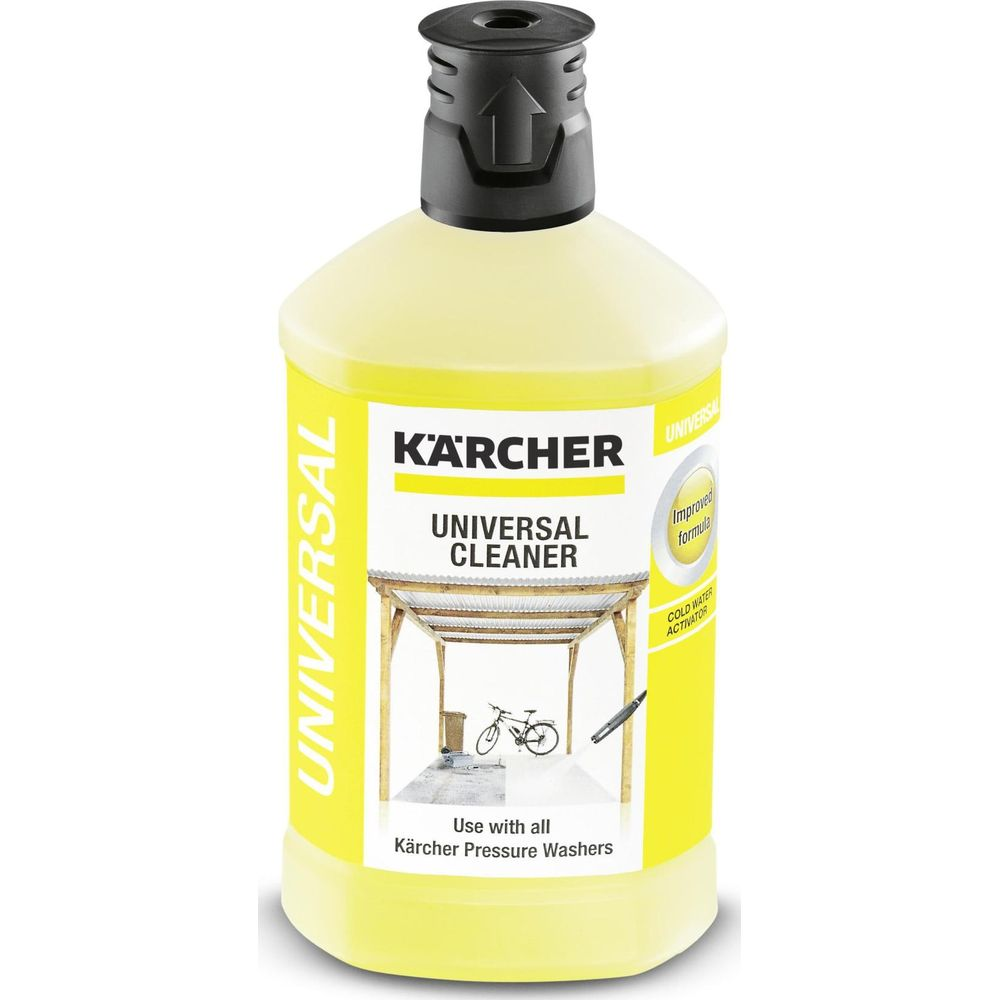 Gelbe Kärcher Universalreiniger-Flasche mit schwarzem Deckel und Etikett.