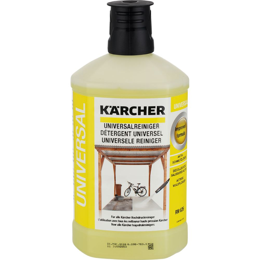 Kärcher Universalreiniger Flasche mit gelber Flüssigkeit und Bild einer Garage.