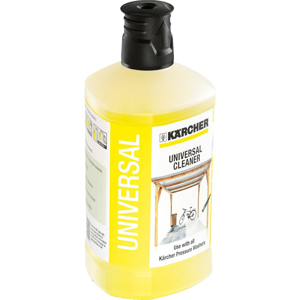 Gelbe Kärcher Universalreiniger-Flasche mit schwarzem Deckel, auf weißem Hintergrund.