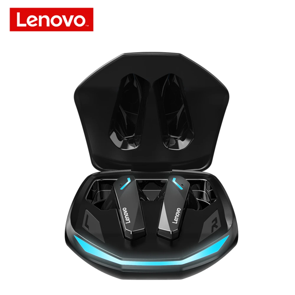 Auriculares gaming Lenovo en estuche de carga negro con detalles azules.