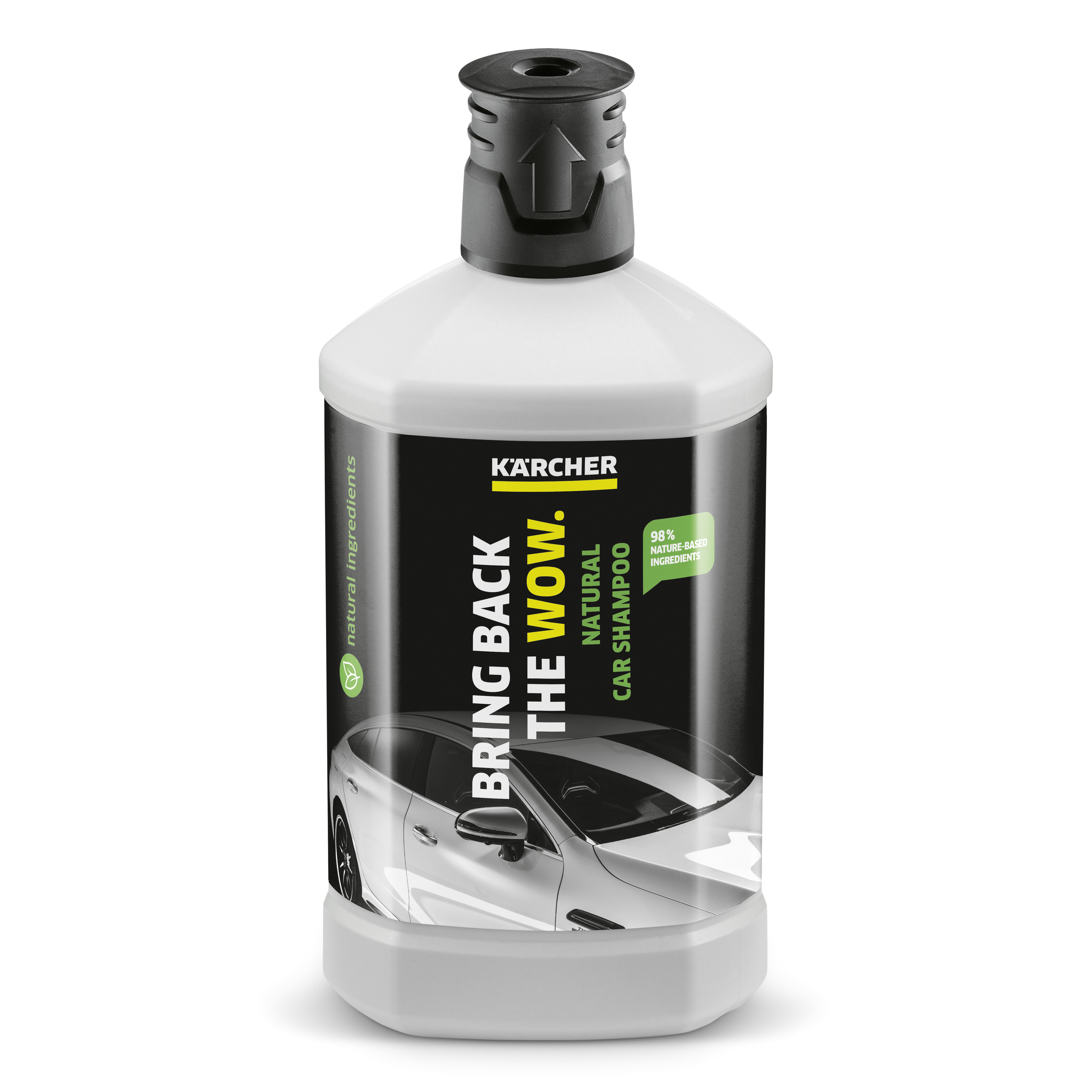 Kärcher Flasche mit Autoshampon, mit einem Bild eines Autos auf dem Etikett.