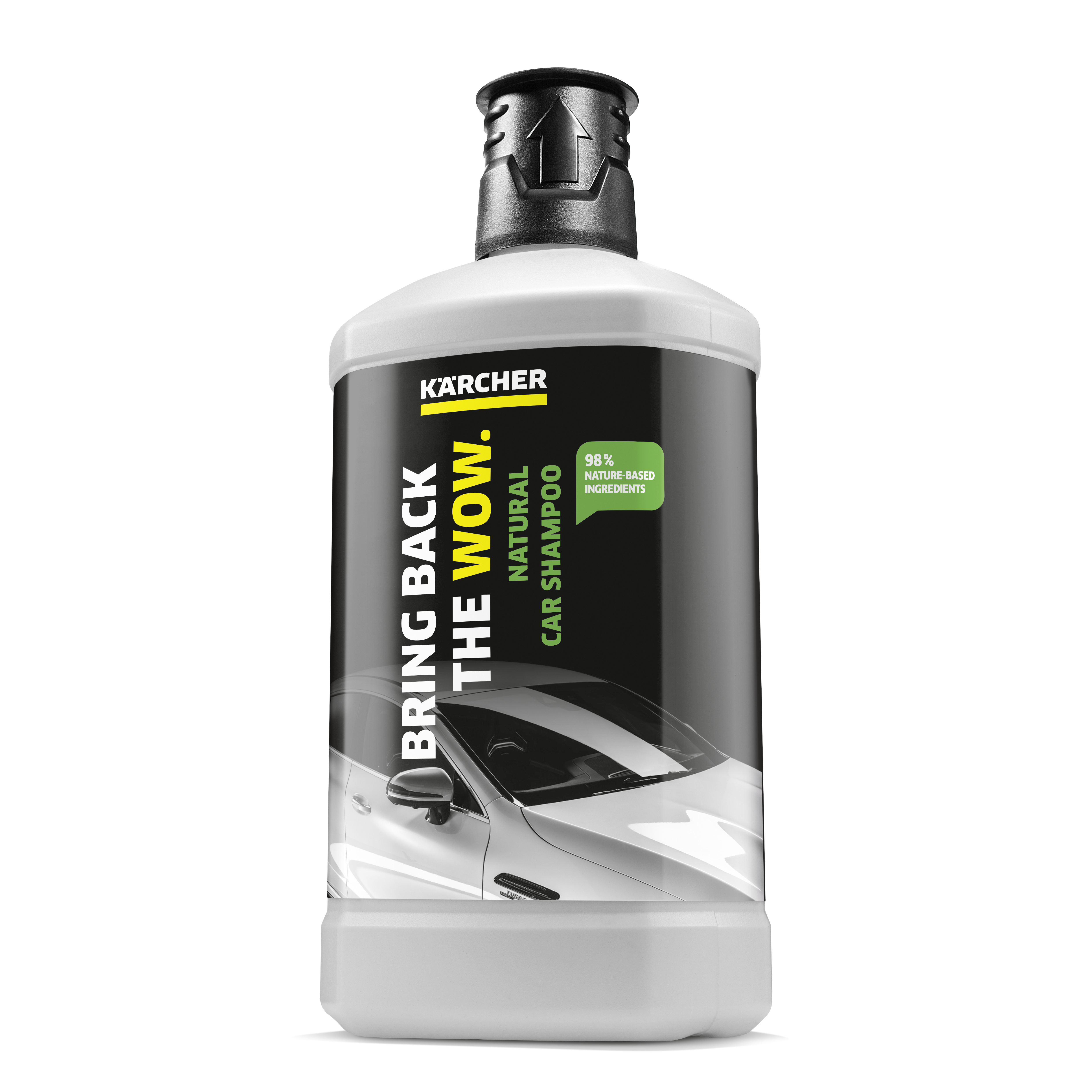 Flasche Kärcher Autoshampoo, 98% natur­basierte Inhaltsstoffe, mit Auto-Abbildung.