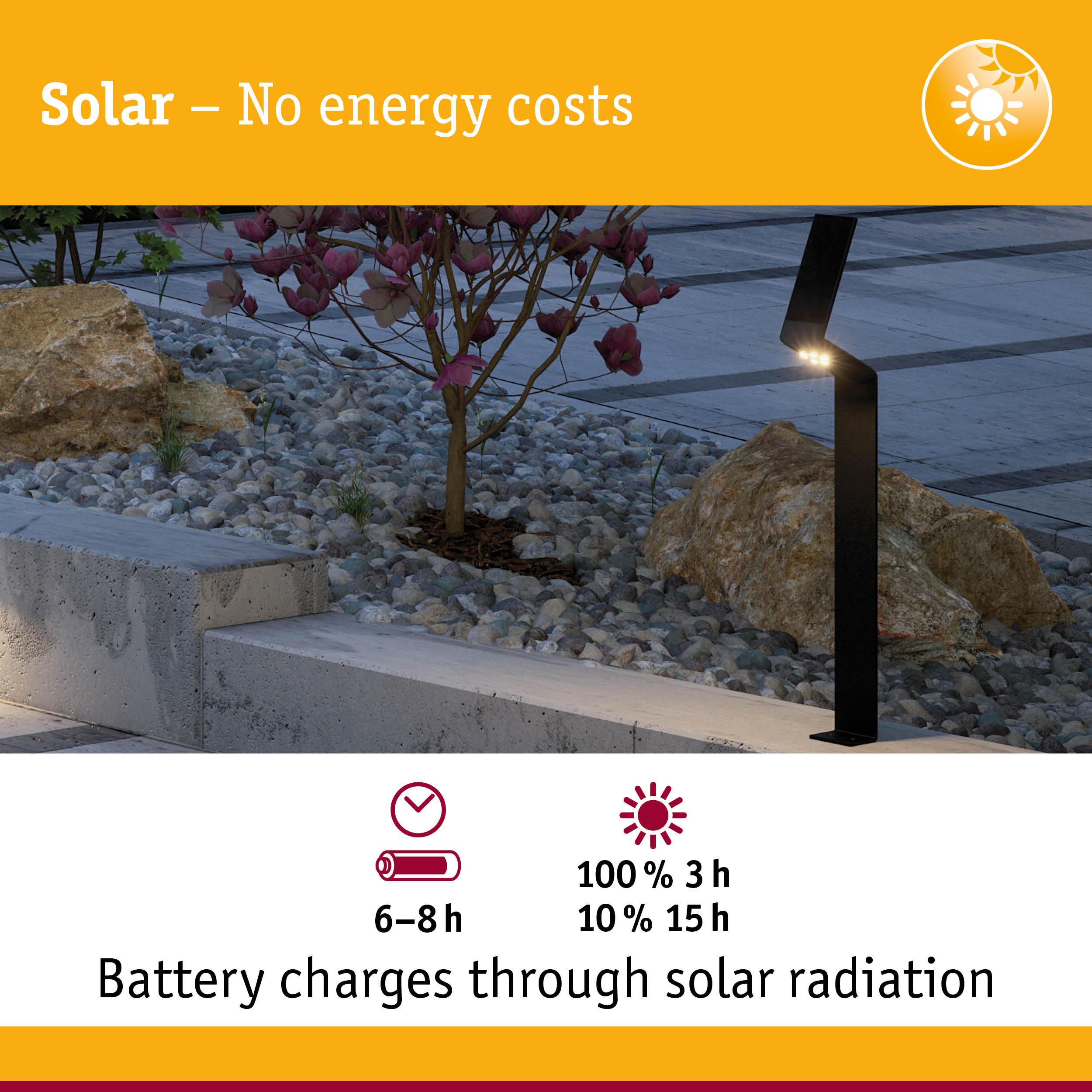 Solarleuchte mit Ladeanzeige. Lädt 6-8h, 100% in 3h, 10% in 15h.