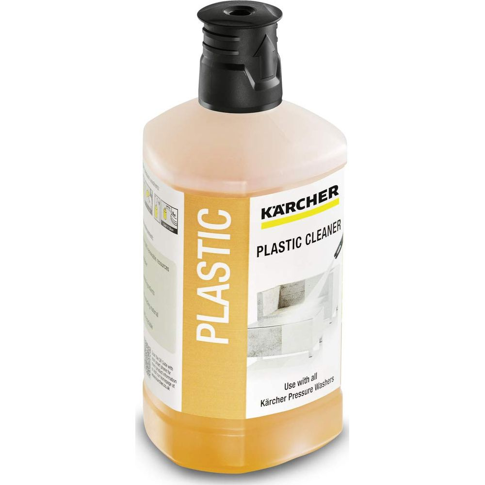 Flacone detergente per plastica Kärcher con tappo nero ed etichetta gialla.