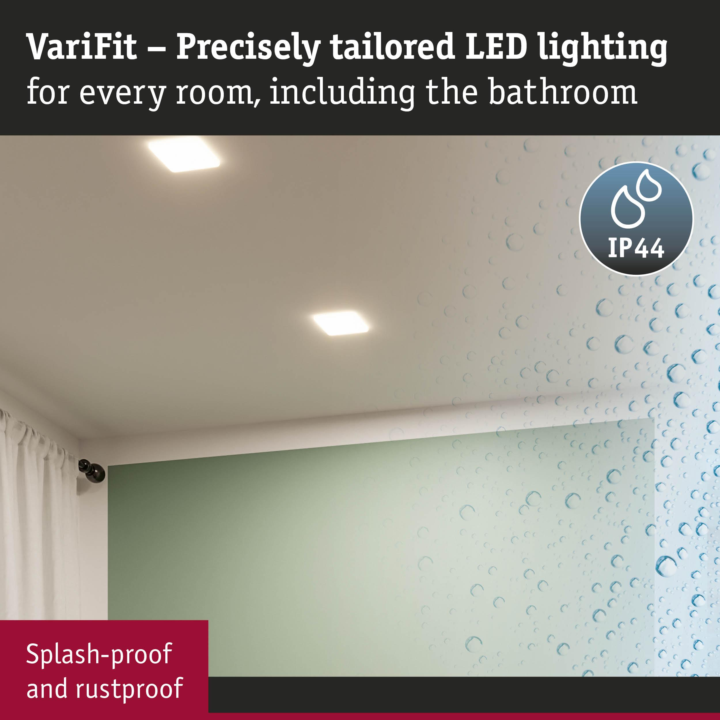 Due luci LED a soffitto, simbolo IP44, effetto gocce d'acqua.