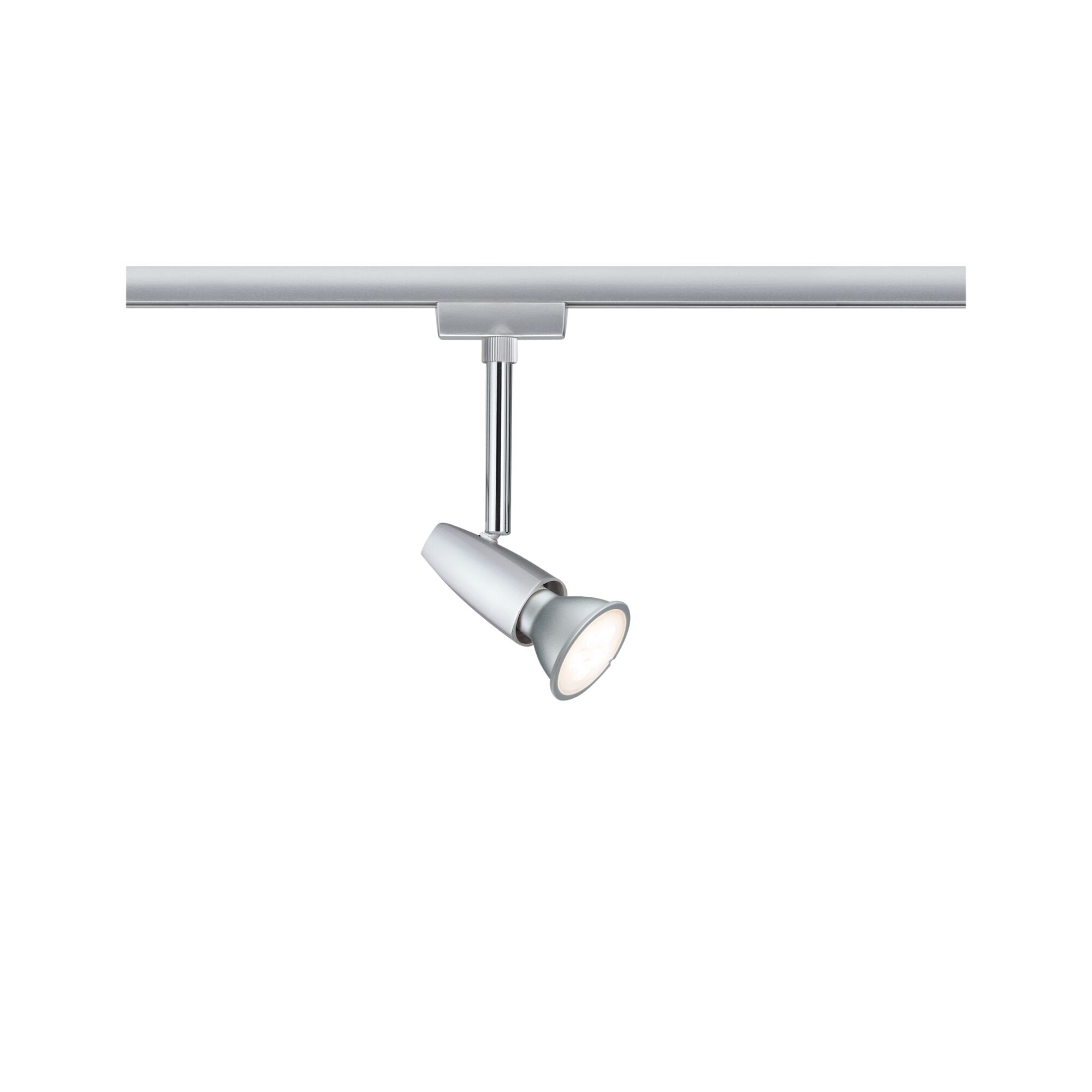 Srebrny reflektor szynowy z regulowaną głowicą, podświetlony.