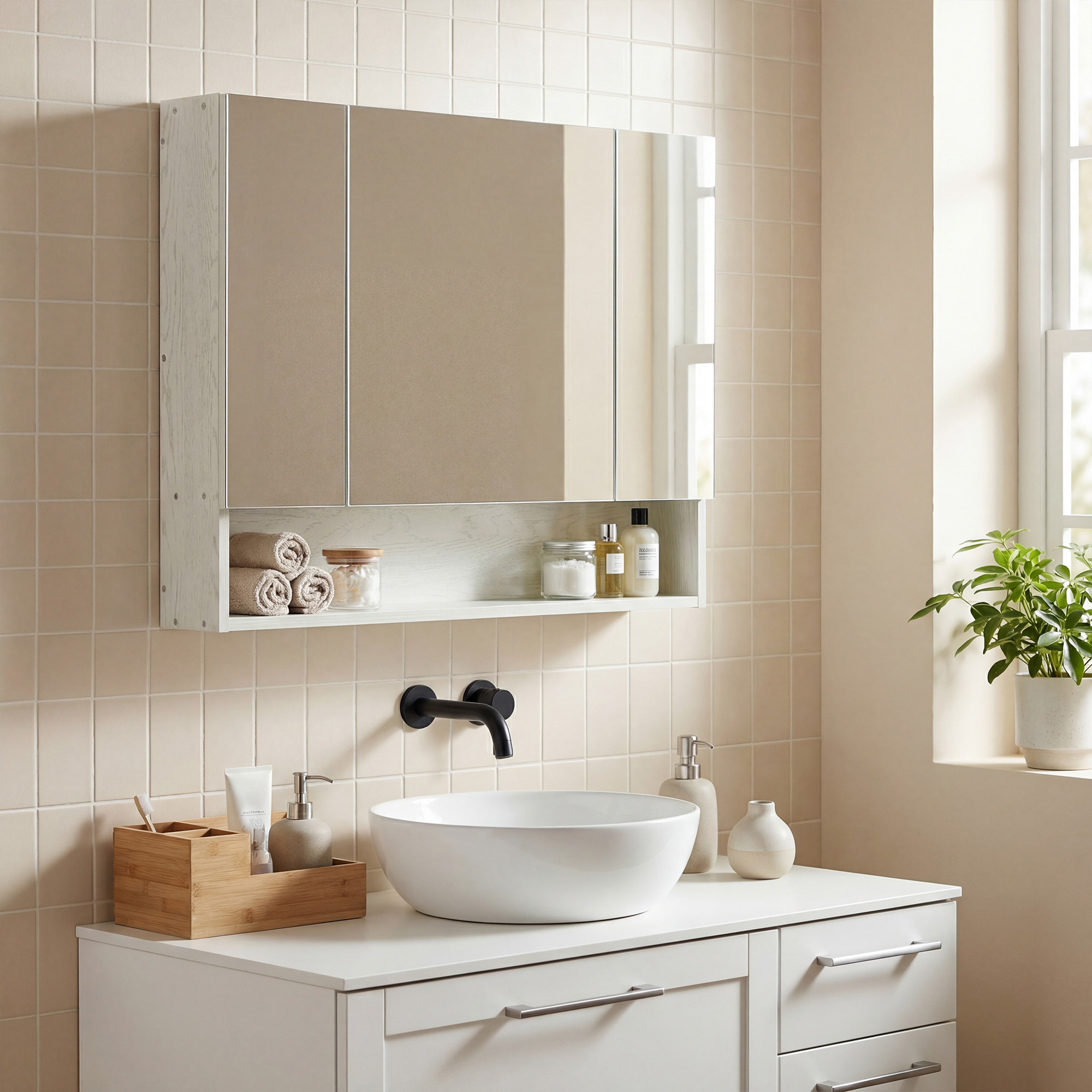 Un baño con lavabo, espejo y una planta.