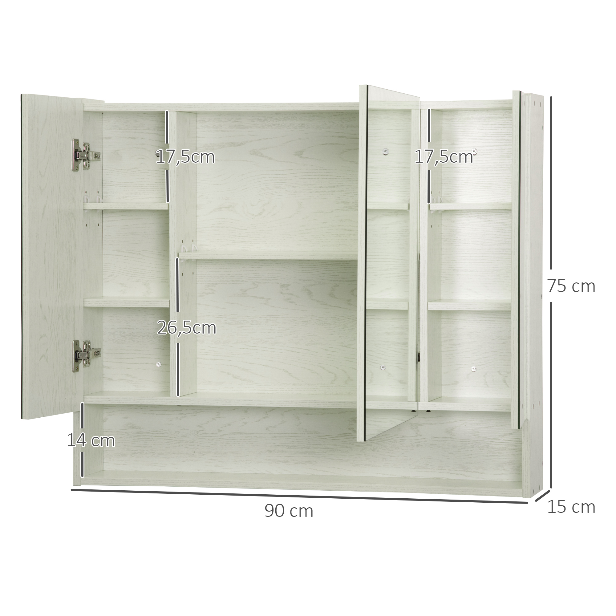 Armario abierto de madera blanca con estantes y dimensiones.
