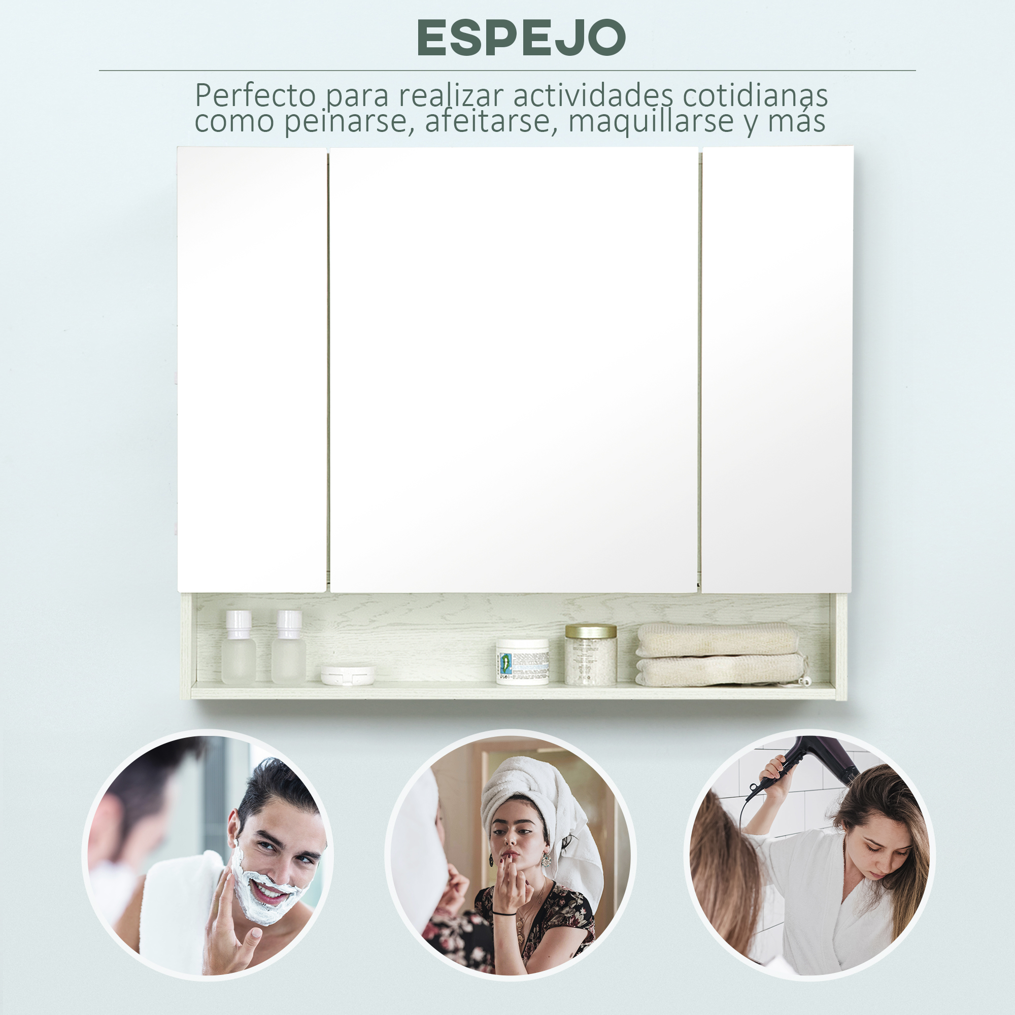 Un espejo con tres escenas: hombre afeitándose, mujer maquillándose, mujer secándose el pelo.