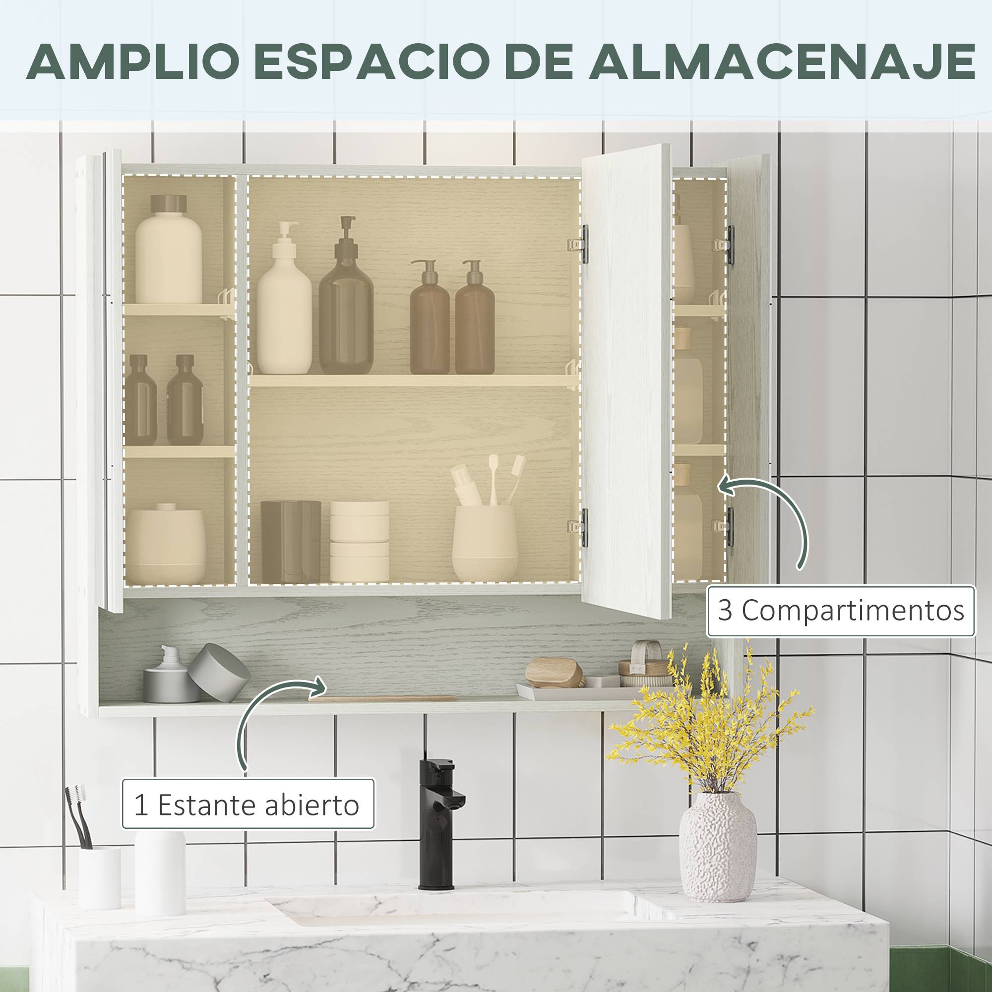 Un mueble de baño abierto que muestra varios estantes y recipientes.