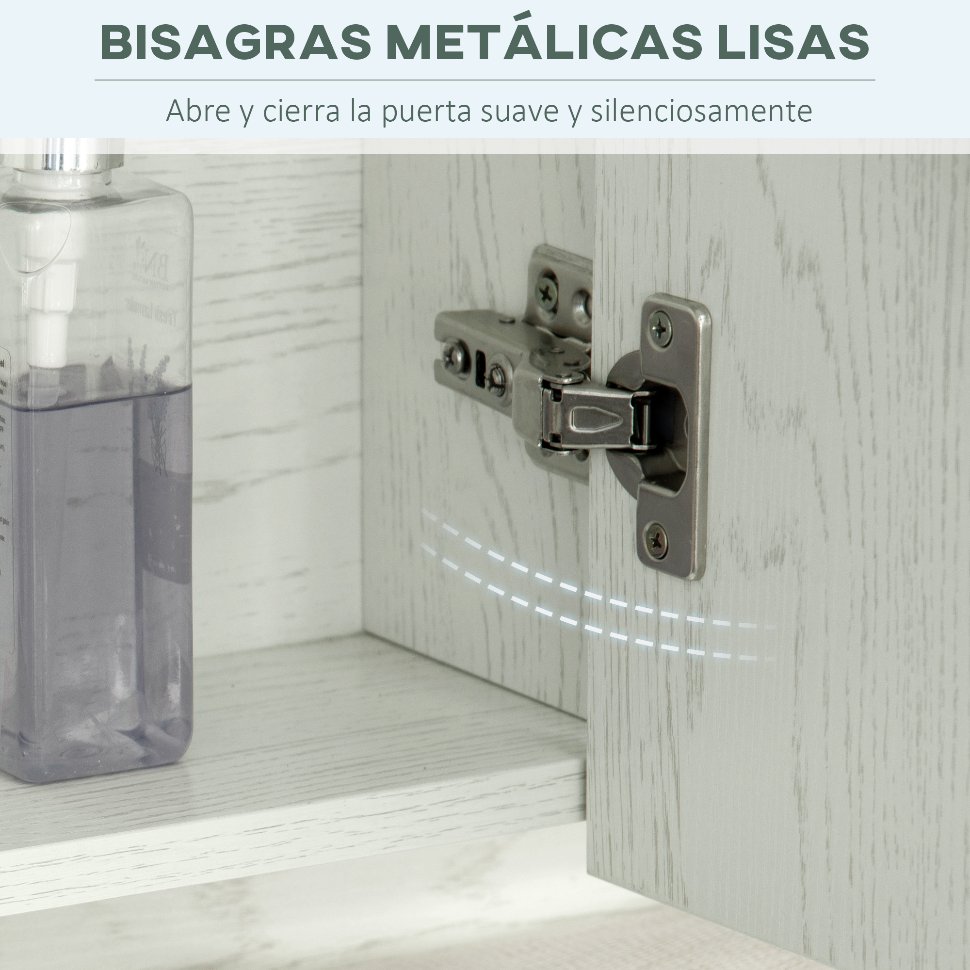 Bisagra metálica abre/cierra puerta de madera blanca. Dispensador de jabón a la izq.