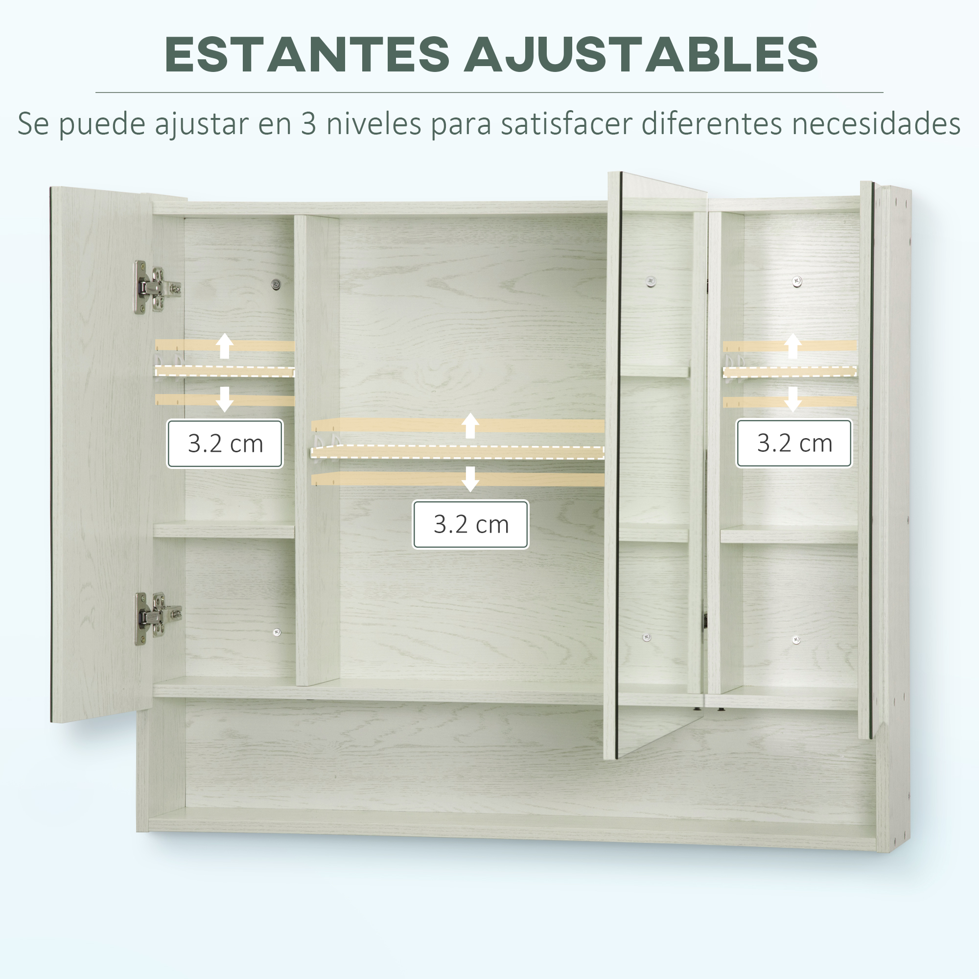 Armario blanco con estantes ajustables, se muestra espaciado de 3,2 cm.