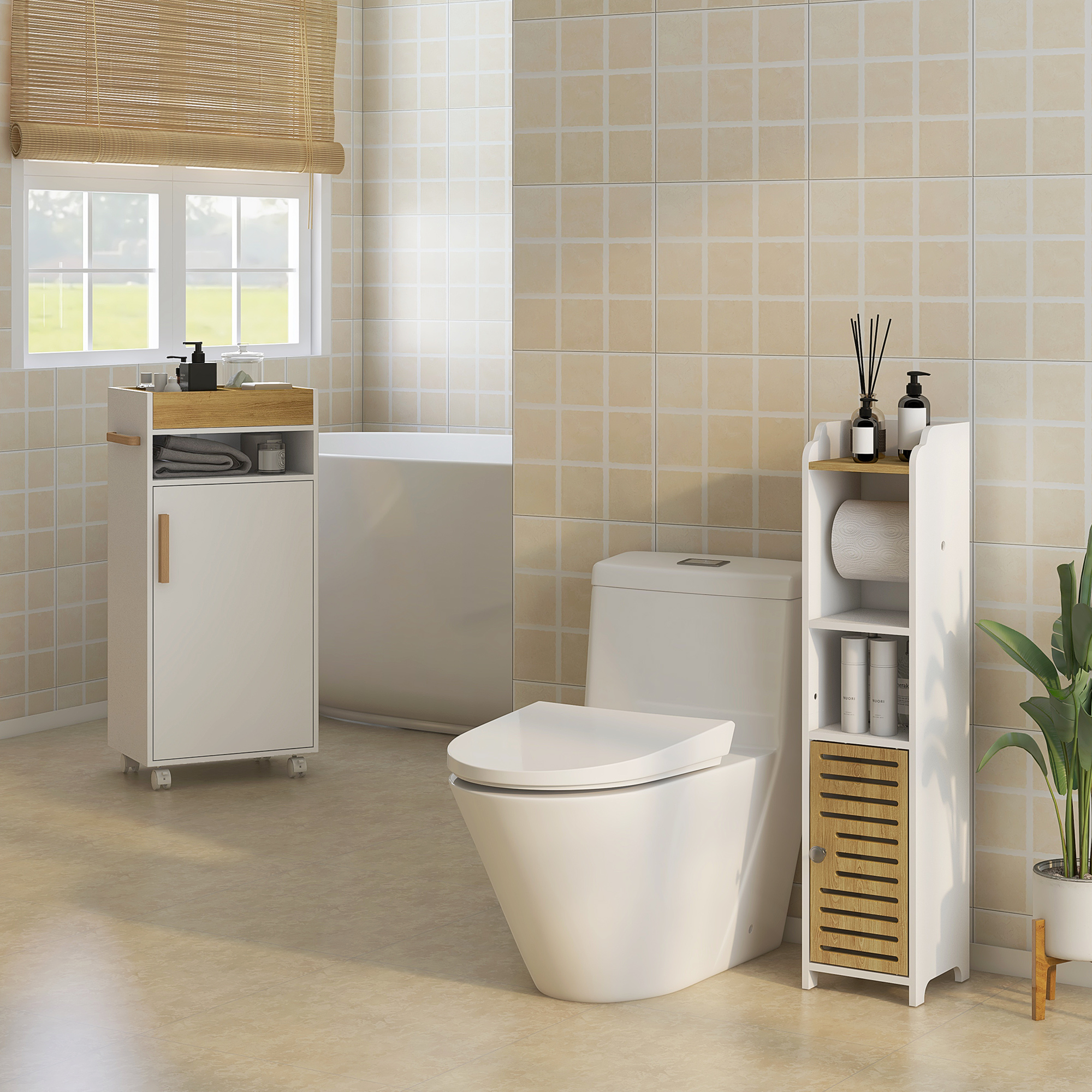 Un baño con inodoro, bañera, armario y ventana. Azulejos beige.