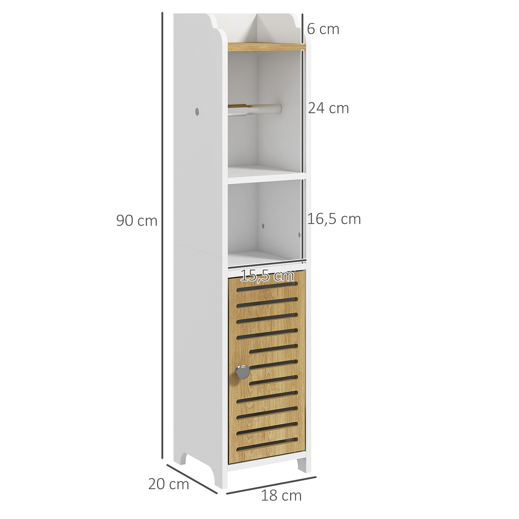 Un armario estrecho blanco con puerta de madera y estantes. Se indican las medidas.