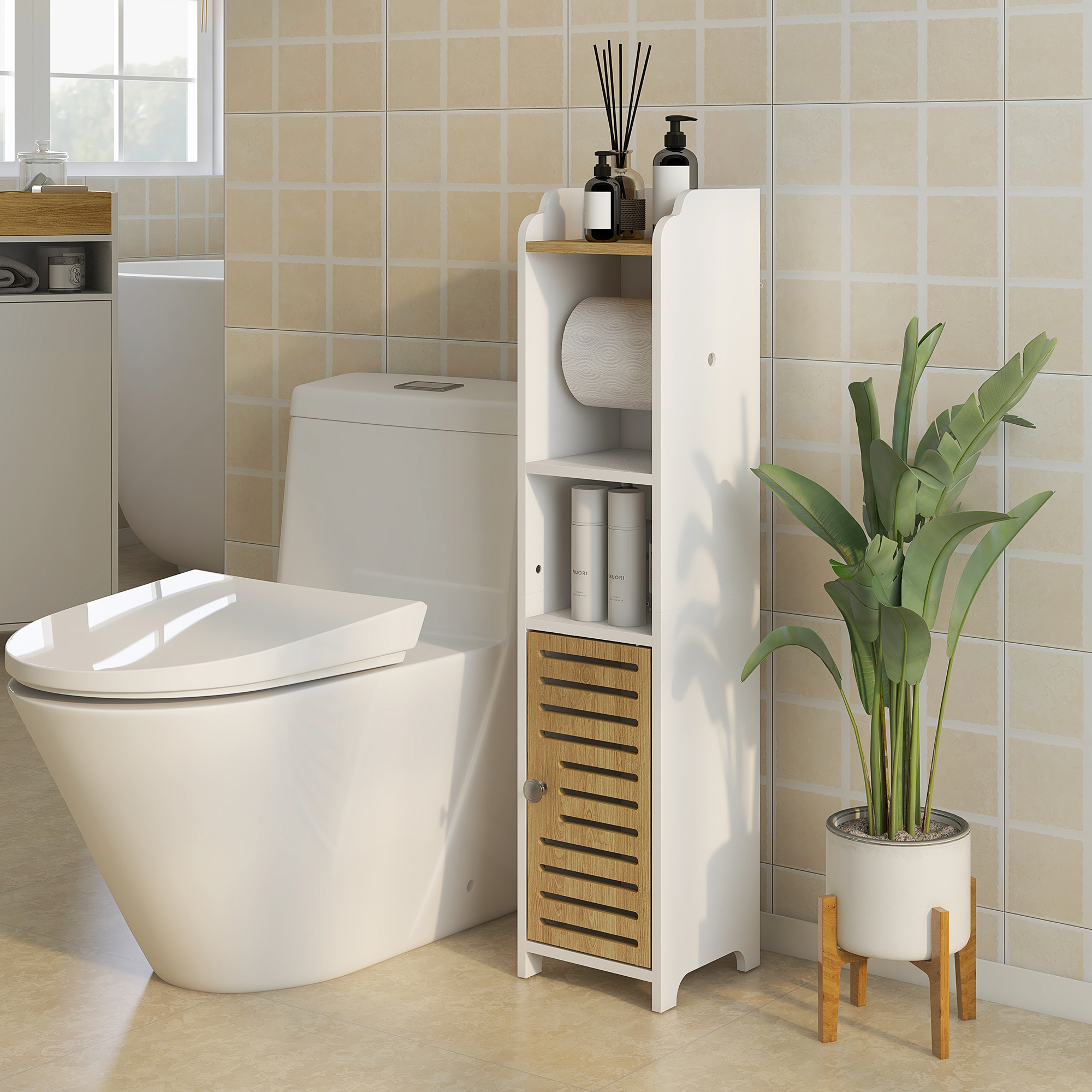 Un estante blanco de baño junto a un inodoro con un soporte para plantas.