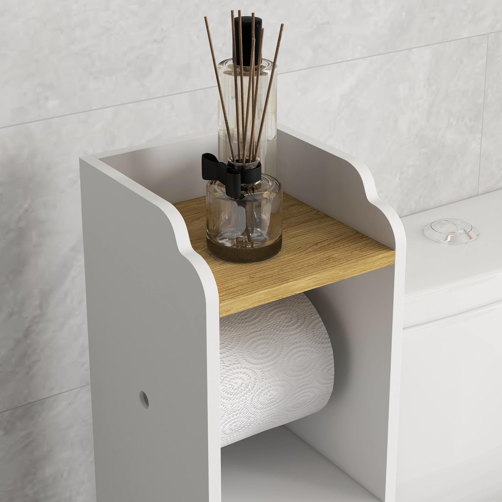Un estante de baño blanco con papel higiénico y difusor de varillas.