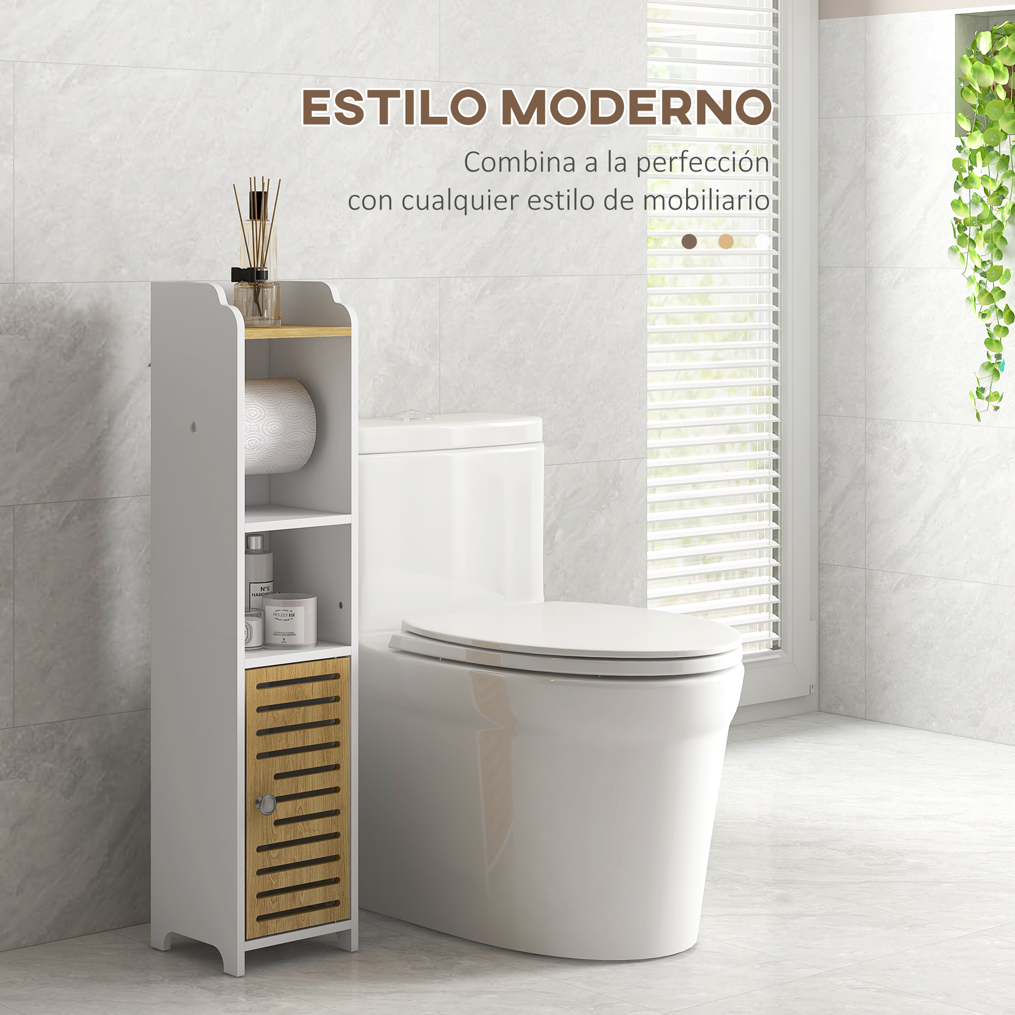 Un estrecho mueble de baño blanco junto a un inodoro, con ventana y planta.