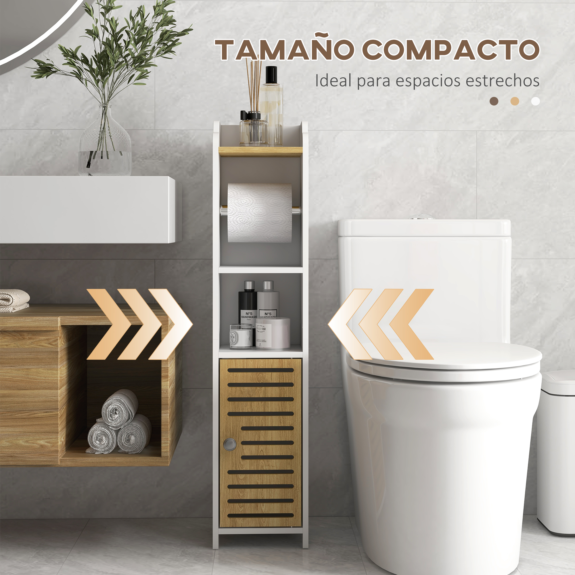 Un estrecho mueble de baño blanco con puertas de madera junto a un inodoro.