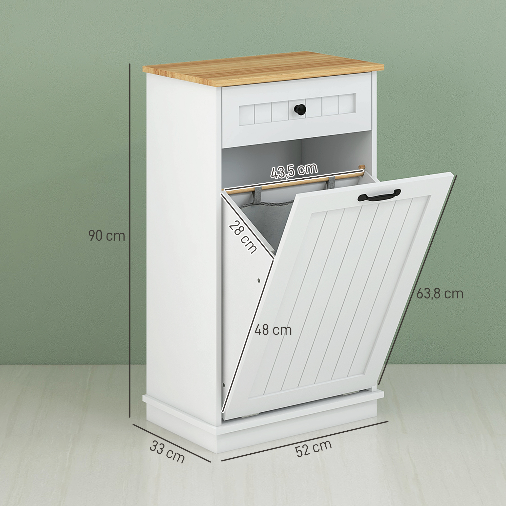 Cesto de ropa blanco con tapa de madera, puerta abierta y medidas.
