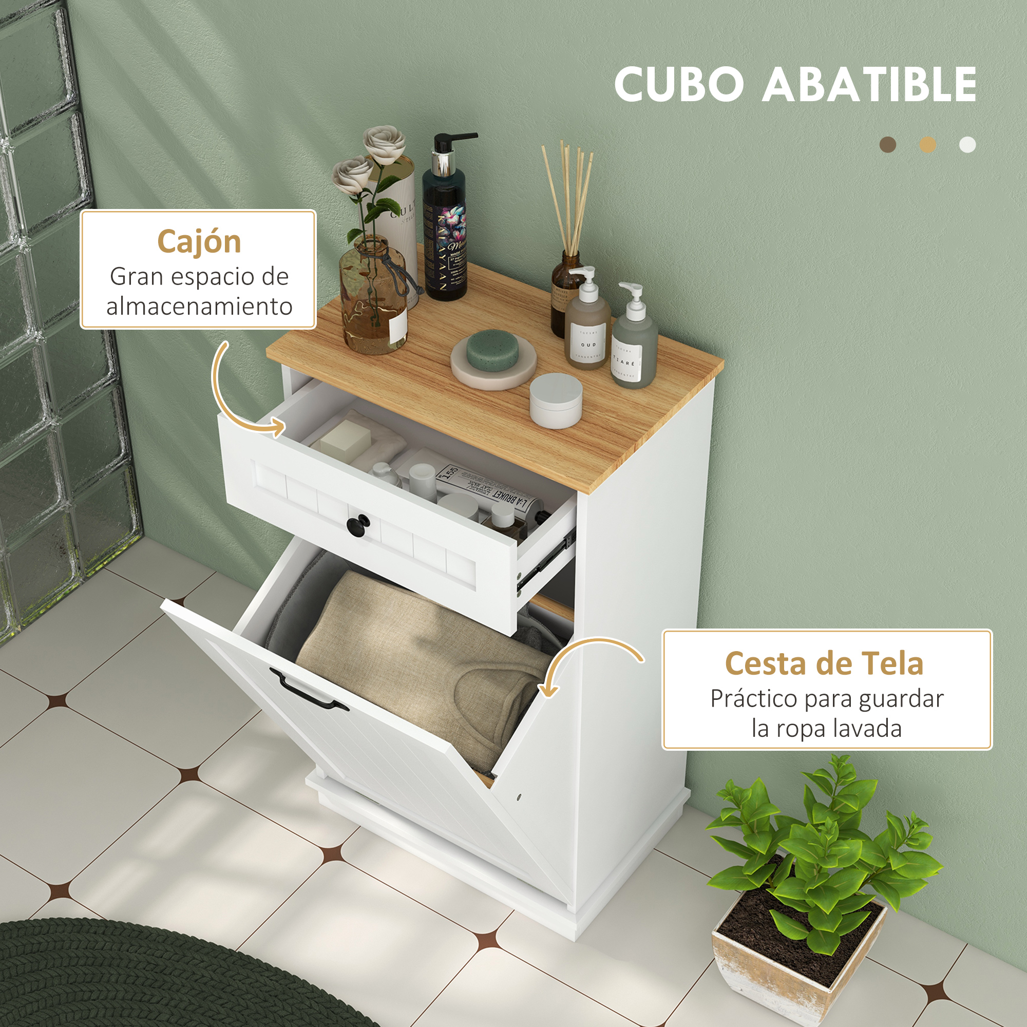 Armario blanco con tapa de madera, cajones y cesto para ropa.