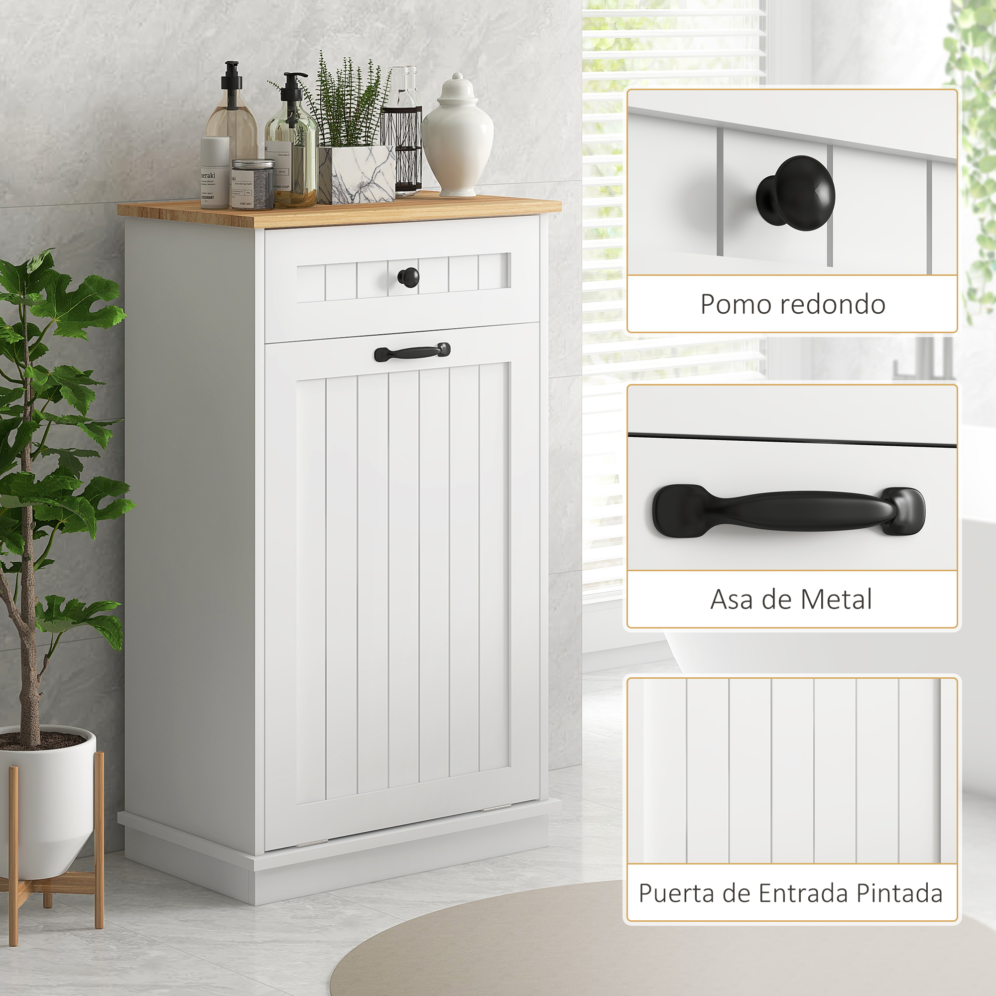 Un mueble de baño blanco con tapa de madera y tiradores negros.