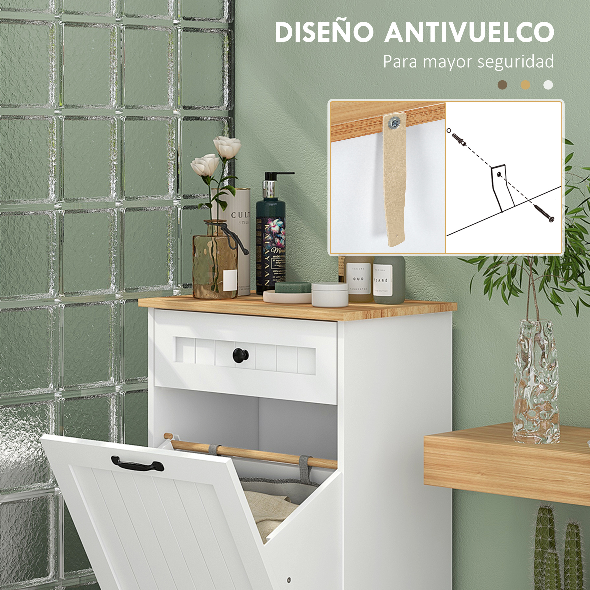 Armario blanco con puerta abierta, pared de bloques de vidrio, plantas y adornos.