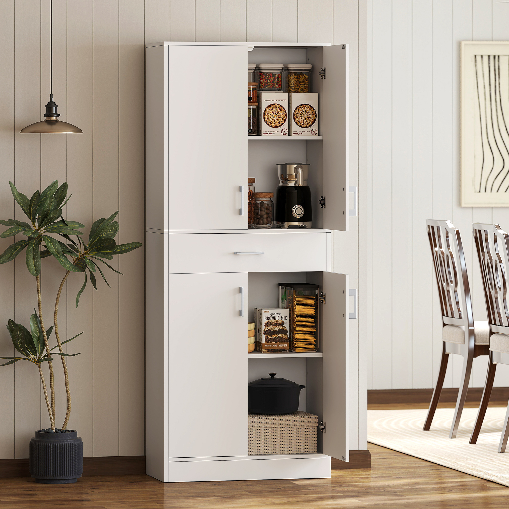 Una credenza da cucina bianca con ante aperte, piena di cibo ed elettrodomestici.