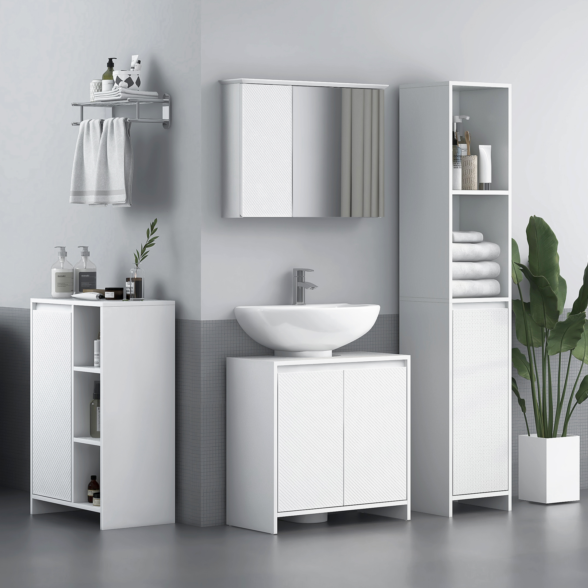 Baño moderno con gabinetes blancos, lavabo y plantas.