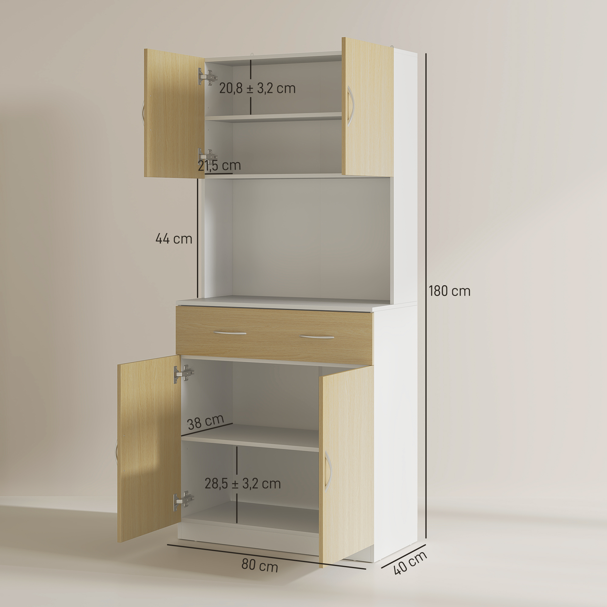 Un armario blanco con puertas de madera, dimensiones 180x80x40 cm.