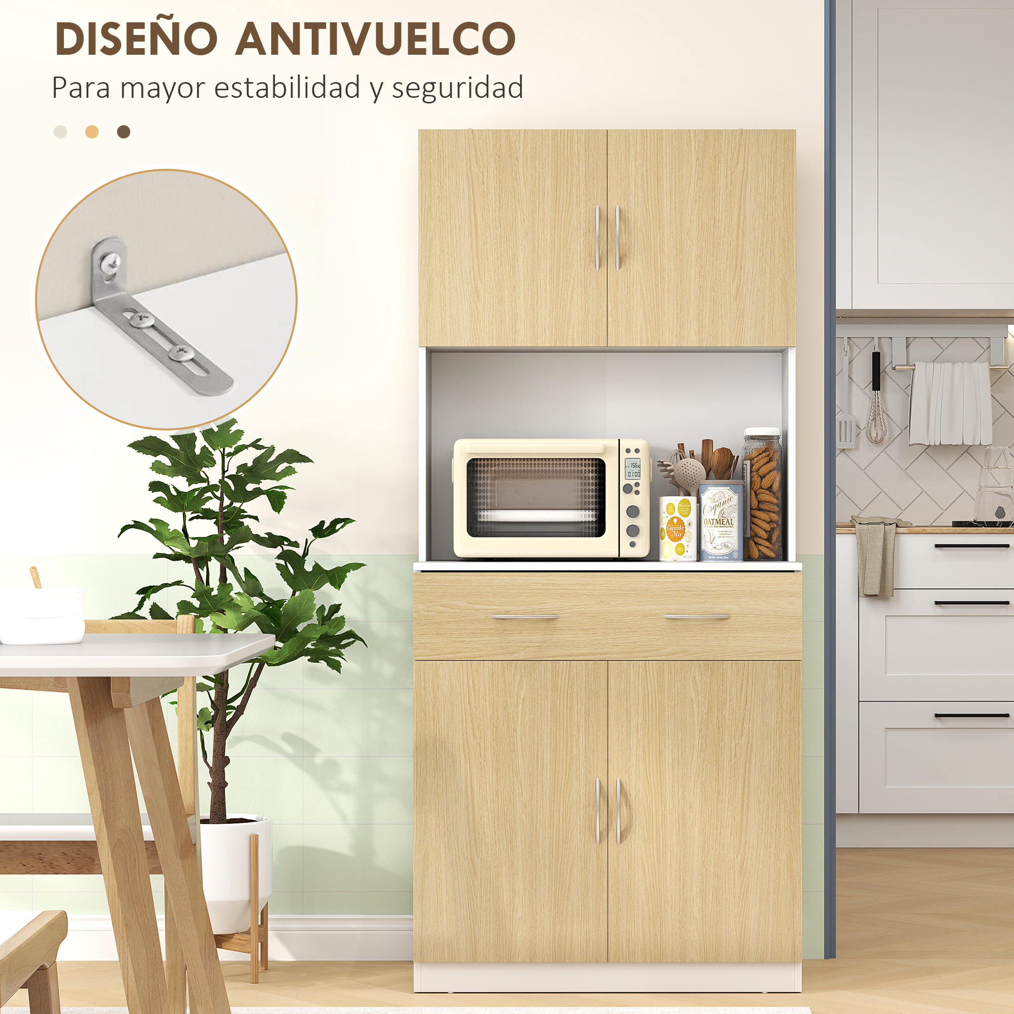 Un mueble de cocina de madera clara con microondas, cajones y puertas.