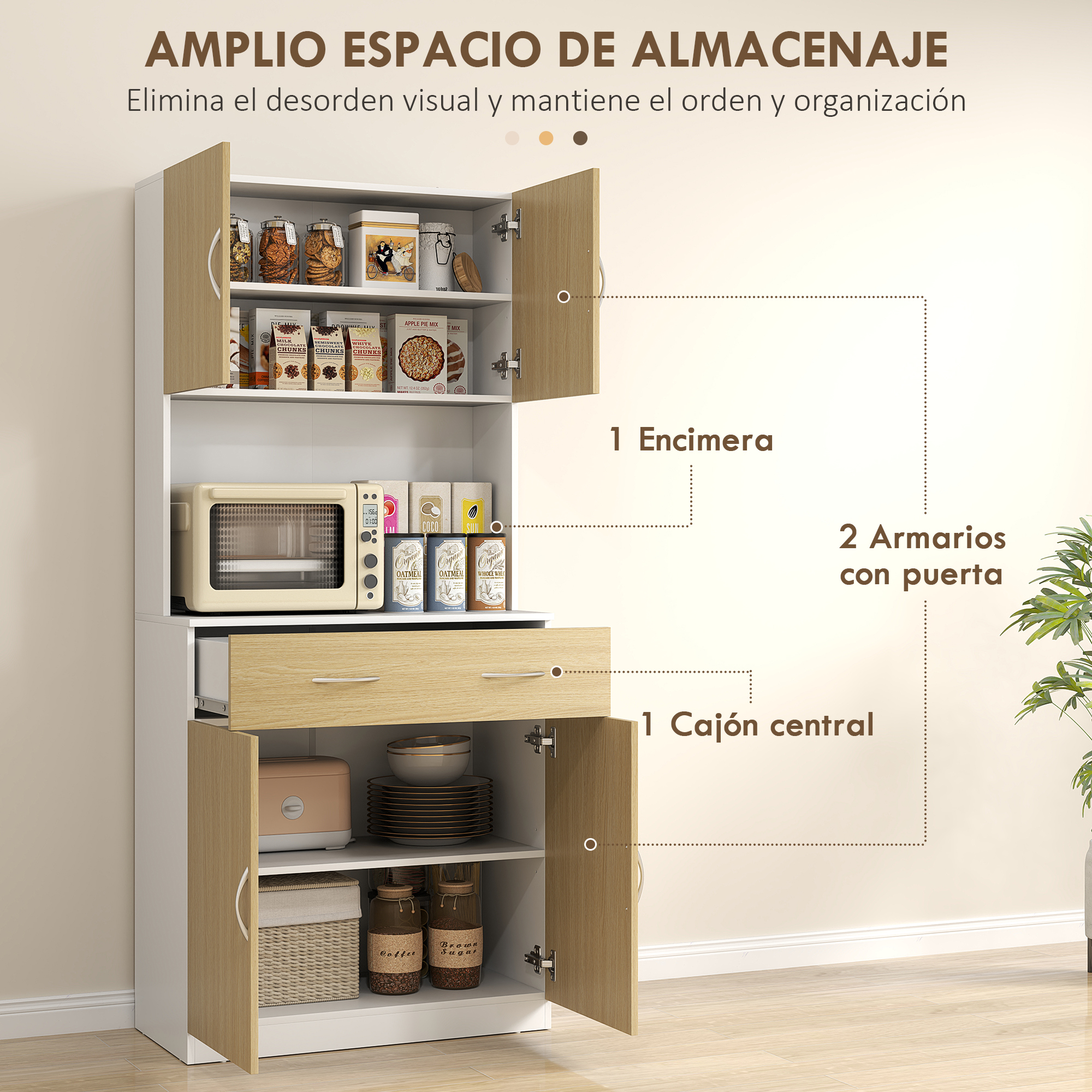 Un mueble de cocina blanco y de madera con puertas abiertas, lleno de alimentos.