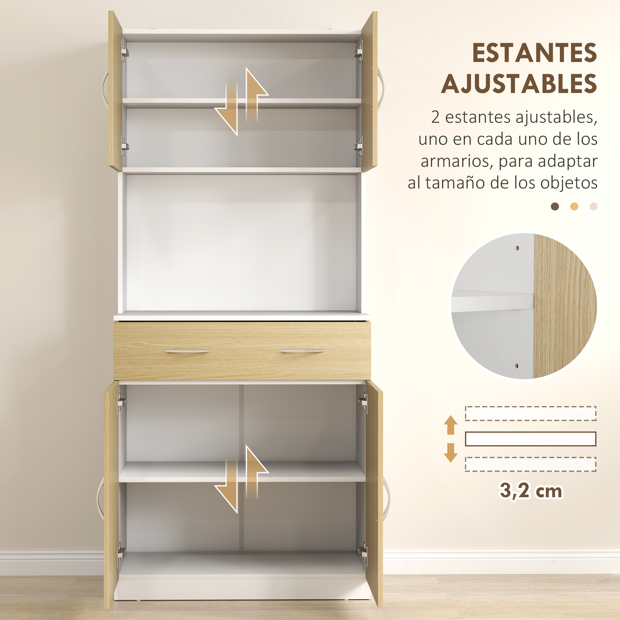 Armario blanco abierto con cajón laminado de madera y estantes ajustables.