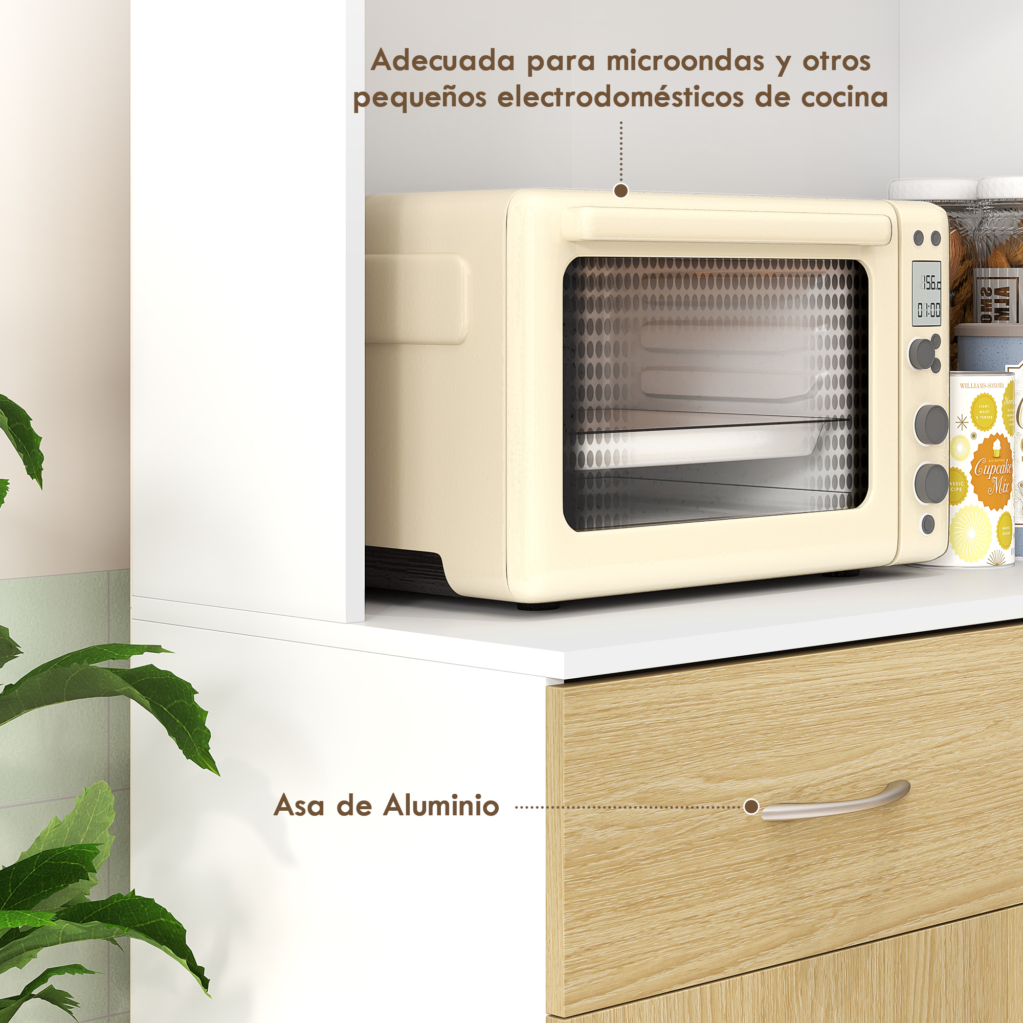Mini horno beige en estante blanco con utensilios y plantas.