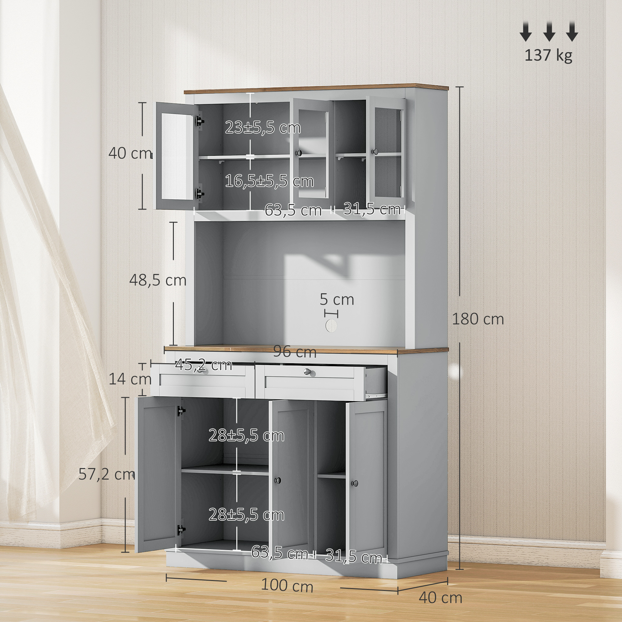 Gabinete gris con puertas de vidrio arriba y detalles de madera. Se muestran dimensiones.