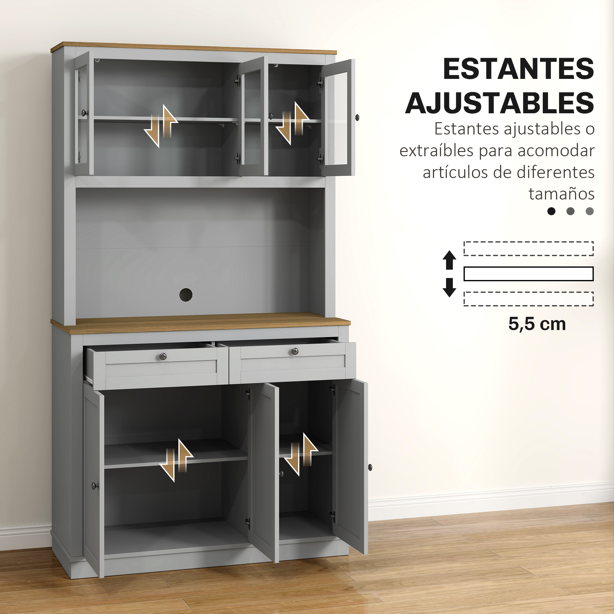 Gabinete gris con detalles de madera, estantes y cajones ajustables.
