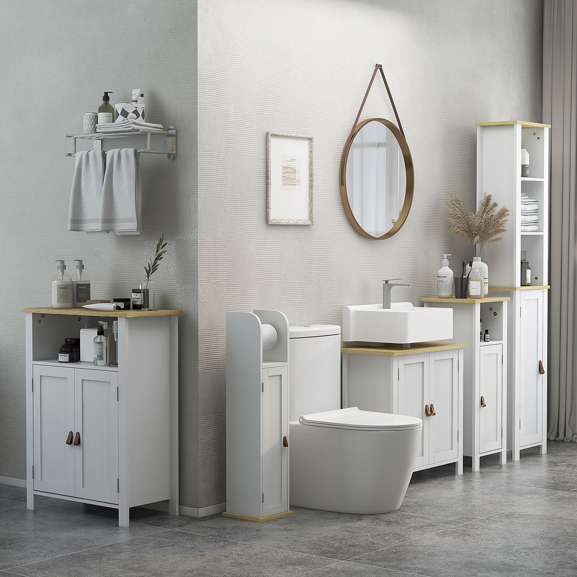 Un bagno moderno con mobili bianchi, WC, lavandino, specchio e asciugamani.