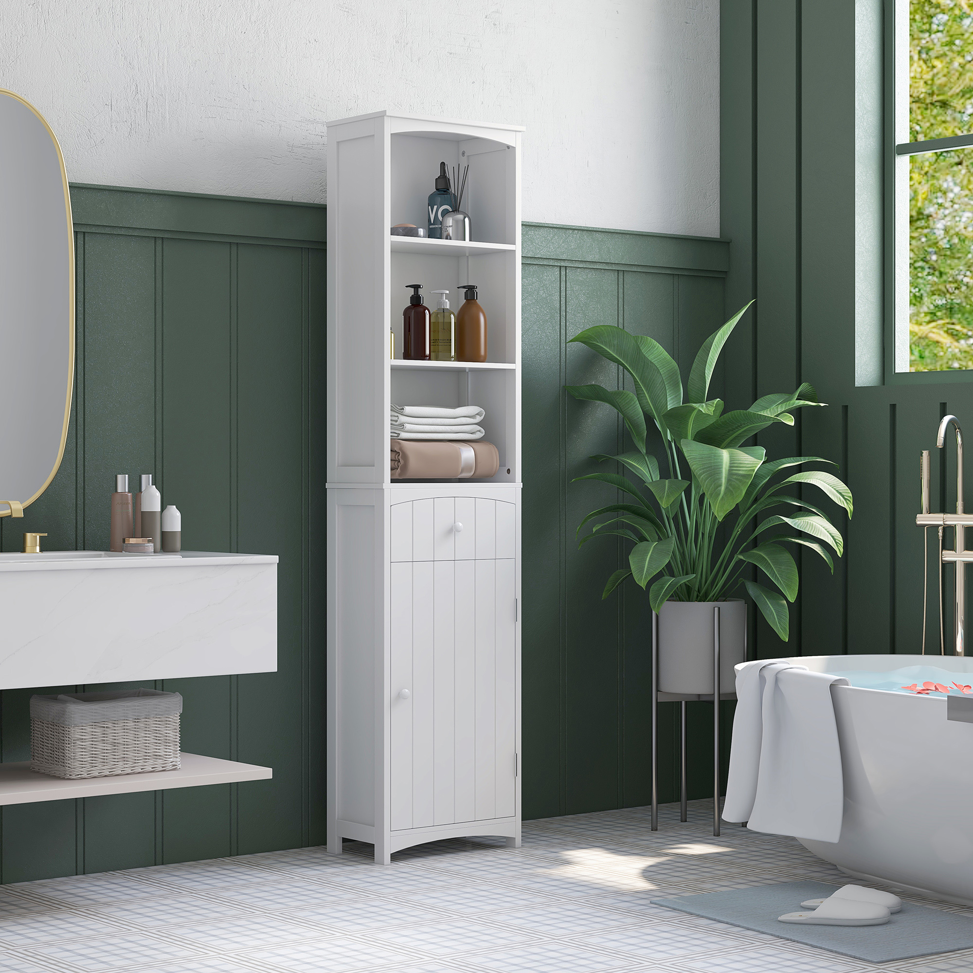 Un armario de baño blanco con estantes junto a una bañera, plantas y un espejo.