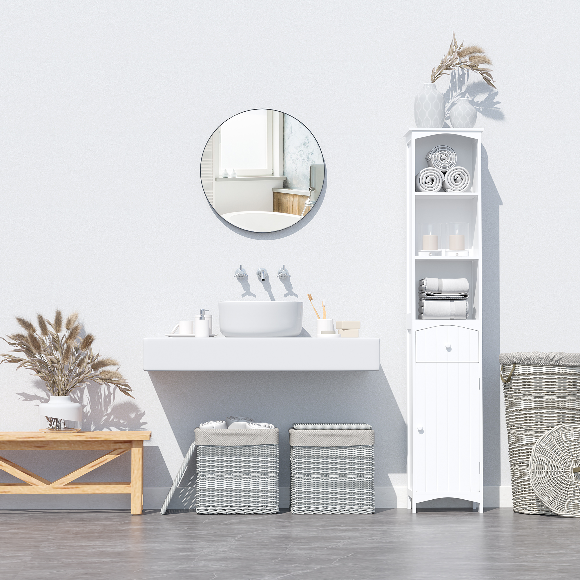 Un baño moderno con lavabo blanco, espejo y un alto mueble blanco.
