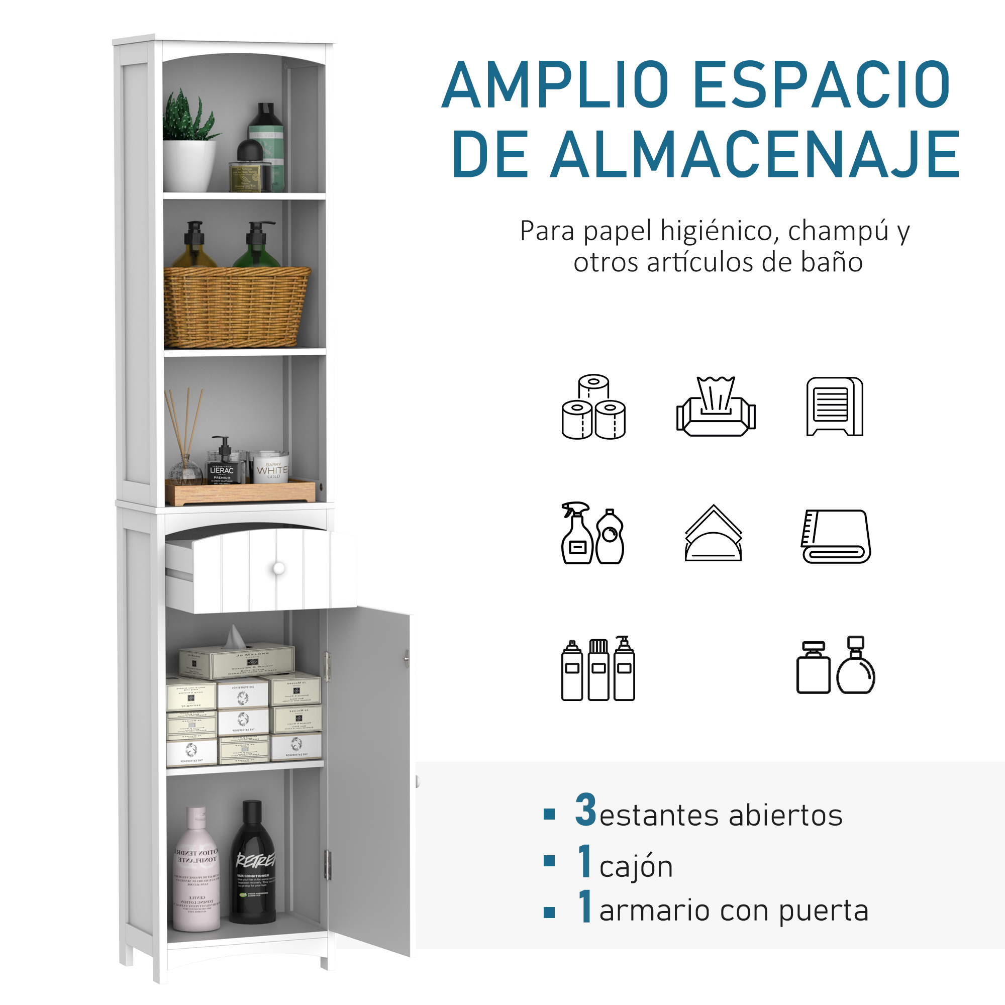 Un mueble alto blanco con estantes abiertos, un cajón y una puerta.