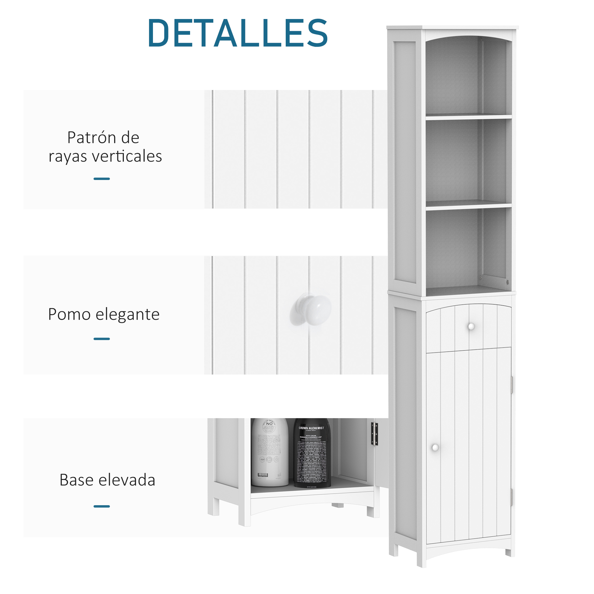 Un armario blanco con ranuras verticales, un pomo y estantes abiertos.