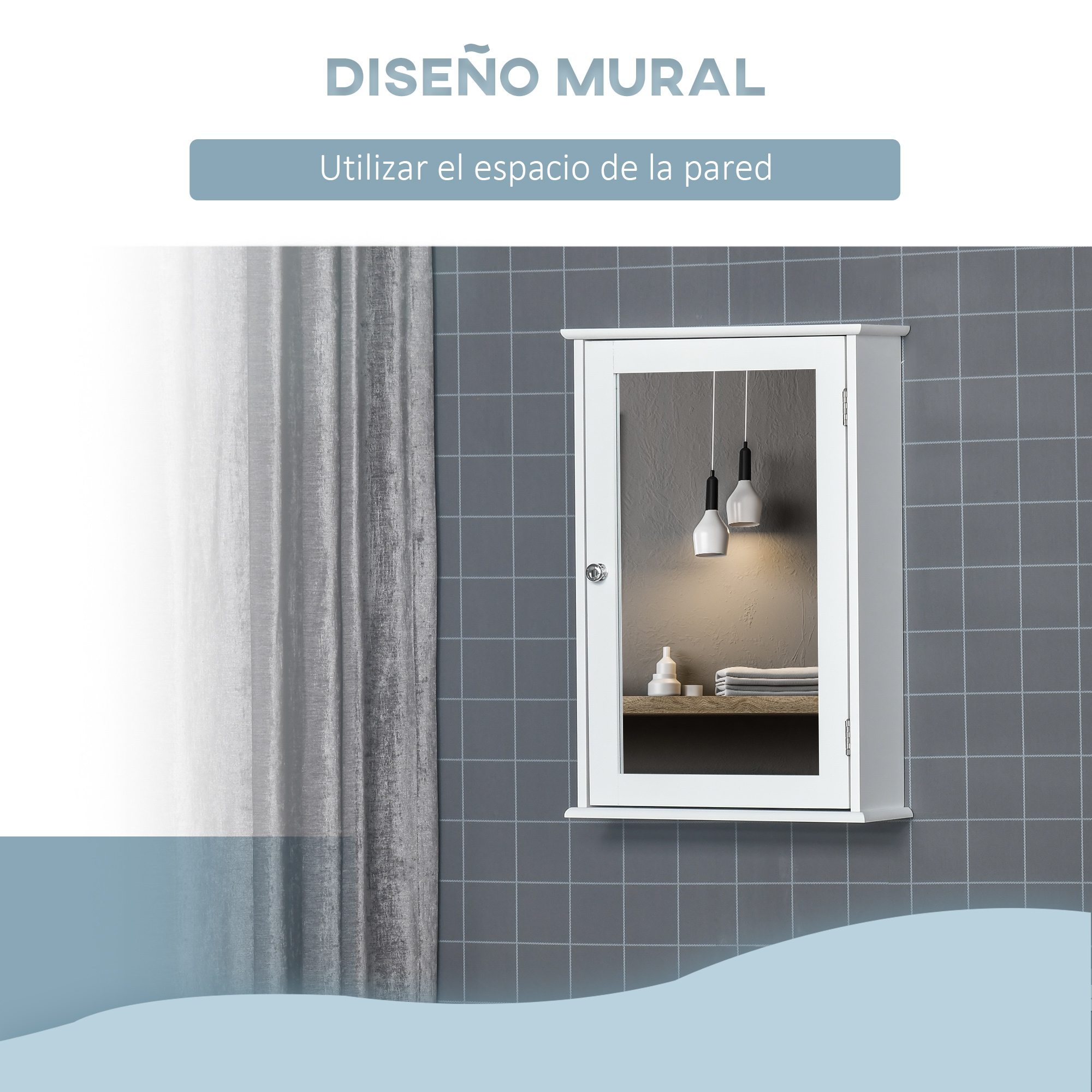 Un mueble blanco con espejo cuelga en una pared gris a cuadros. A su izquierda hay una cortina gris.